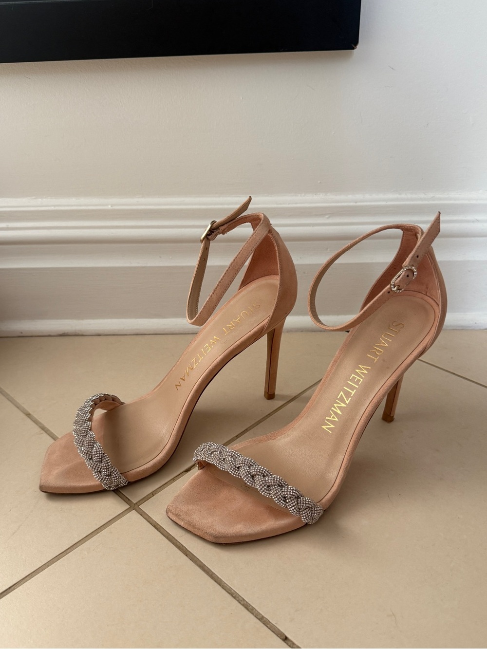 Stuart Weitzman Blush Pink Suede Braided Strap Ankle-Heel Sandals